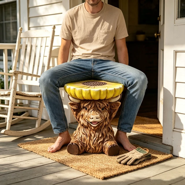 Alt view image 4 of 7 - 14 Inch Highland Cow Stool with Sunflower Top, Farm Animal Side Table Decor Indoor and Outdoor Creative Figurine Seat