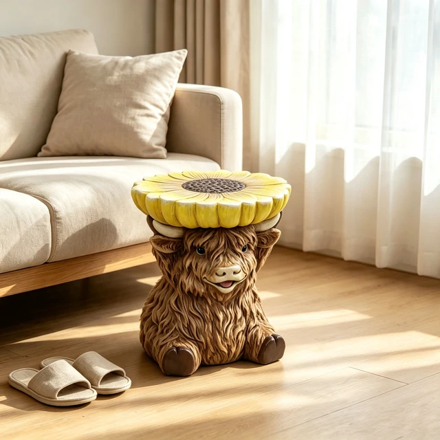 Alt view image 5 of 7 - 14 Inch Highland Cow Stool with Sunflower Top, Farm Animal Side Table Decor Indoor and Outdoor Creative Figurine Seat