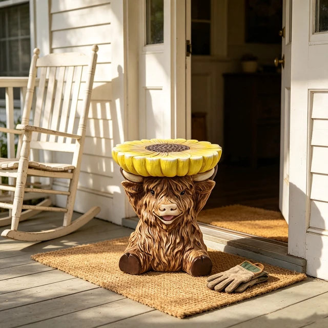 Alt view image 7 of 7 - 14 Inch Highland Cow Stool with Sunflower Top, Farm Animal Side Table Decor Indoor and Outdoor Creative Figurine Seat