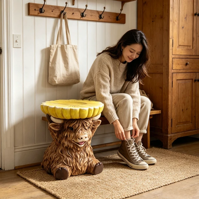 Alt view image 6 of 7 - 14 Inch Highland Cow Stool with Sunflower Top, Farm Animal Side Table Decor Indoor and Outdoor Creative Figurine Seat