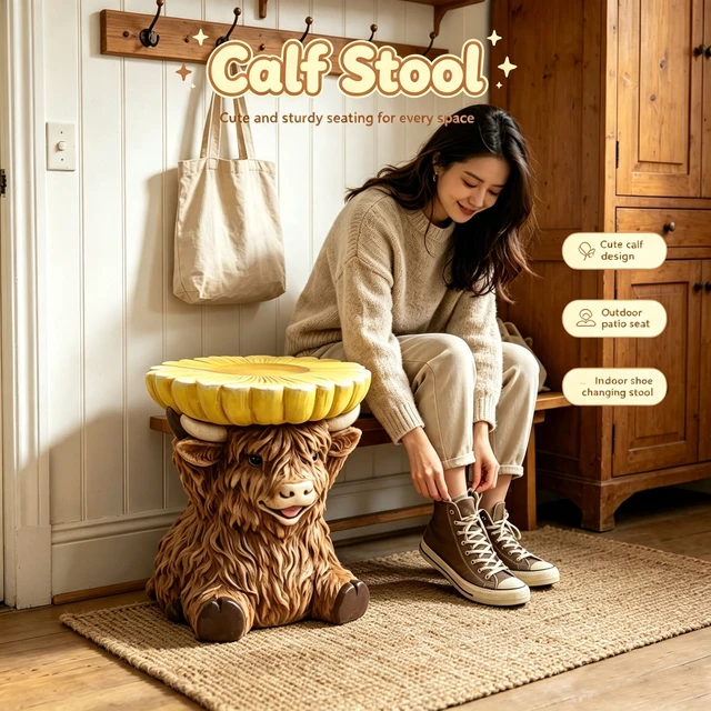 Alt view image 2 of 7 - 14 Inch Highland Cow Stool with Sunflower Top, Farm Animal Side Table Decor Indoor and Outdoor Creative Figurine Seat