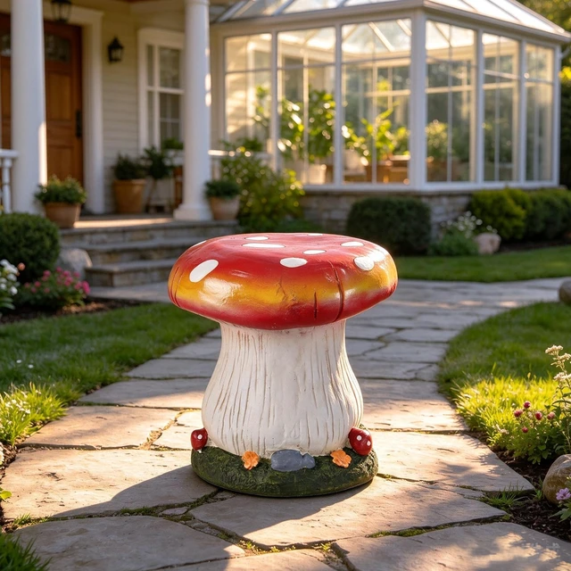 Main image of 13 Inch Mushroom Stool Garden Statue, Magnesium Oxide Composite Outdoor Stool Decor Cap with Edge Sculpture Decor