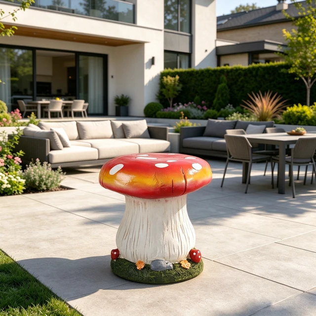 Alt view image 4 of 7 - 13 Inch Mushroom Stool Garden Statue, Magnesium Oxide Composite Outdoor Stool Decor Cap with Edge Sculpture Decor
