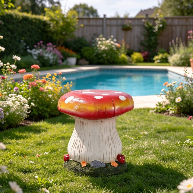 Alt view image 3 of 7 - 13 Inch Mushroom Stool Garden Statue, Magnesium Oxide Composite Outdoor Stool Decor Cap with Edge Sculpture Decor