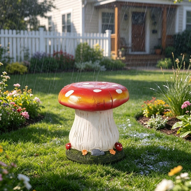 Alt view image 5 of 7 - 13 Inch Mushroom Stool Garden Statue, Magnesium Oxide Composite Outdoor Stool Decor Cap with Edge Sculpture Decor