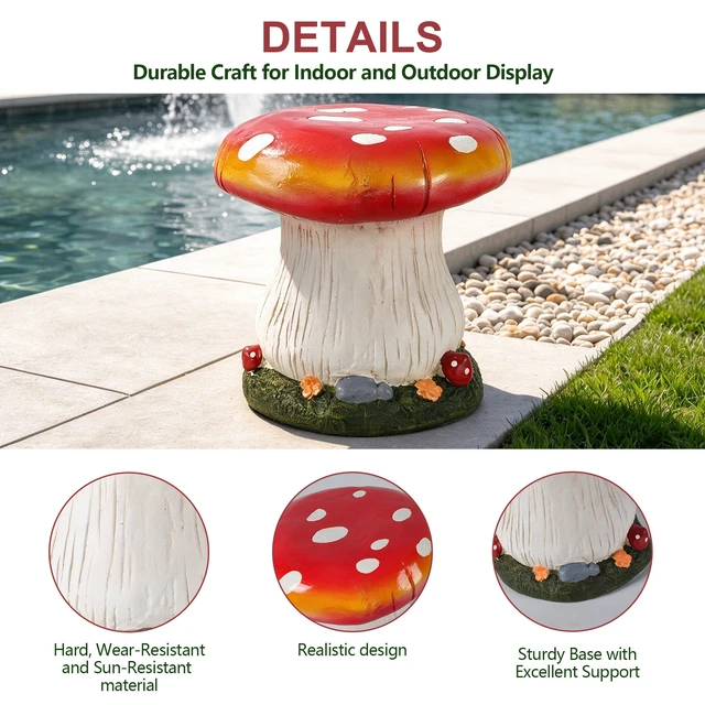 Alt view image 7 of 7 - 13 Inch Mushroom Stool Garden Statue, Magnesium Oxide Composite Outdoor Stool Decor Cap with Edge Sculpture Decor