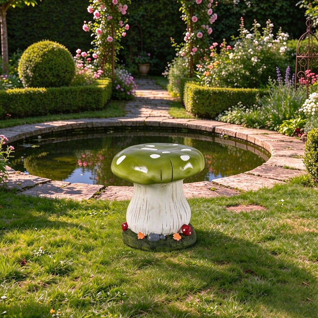 Alt view image 3 of 7 - 12.60 Inch Mushroom Stool Garden Statue, Magnesium Oxide Composite Outdoor Stool Decor Cap with Spots Sculpture