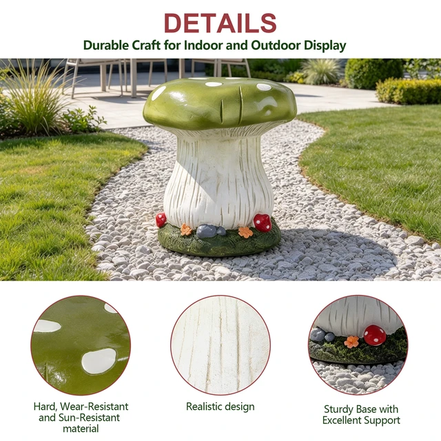 Alt view image 7 of 7 - 12.60 Inch Mushroom Stool Garden Statue, Magnesium Oxide Composite Outdoor Stool Decor Cap with Spots Sculpture
