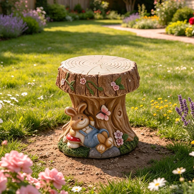 Main image of 16.93 Inch Sculptures Garden Statues, Rabbit Tree Stump Stool Garden Statue Magnesium Oxide Composite Outdoor Stool