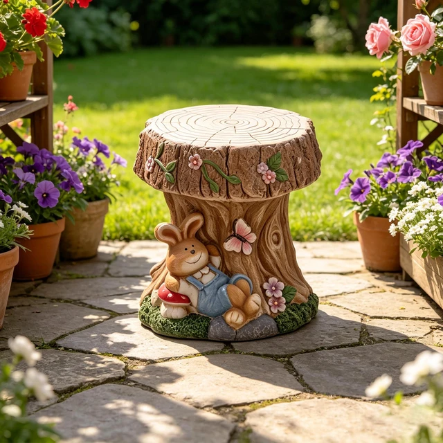 Alt view image 2 of 7 - 16.93 Inch Sculptures Garden Statues, Rabbit Tree Stump Stool Garden Statue Magnesium Oxide Composite Outdoor Stool