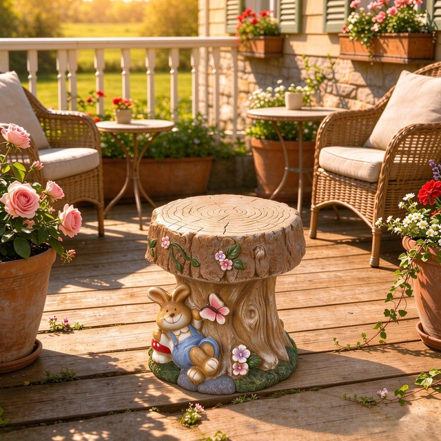 Alt view image 3 of 7 - 16.93 Inch Sculptures Garden Statues, Rabbit Tree Stump Stool Garden Statue Magnesium Oxide Composite Outdoor Stool