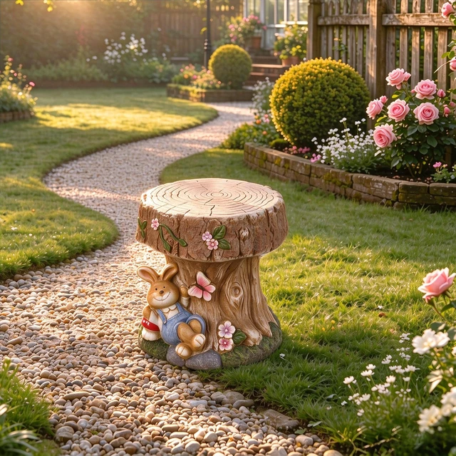 Alt view image 4 of 7 - 16.93 Inch Sculptures Garden Statues, Rabbit Tree Stump Stool Garden Statue Magnesium Oxide Composite Outdoor Stool