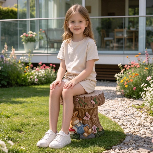 Alt view image 5 of 7 - 16.93 Inch Sculptures Garden Statues, Rabbit Tree Stump Stool Garden Statue Magnesium Oxide Composite Outdoor Stool