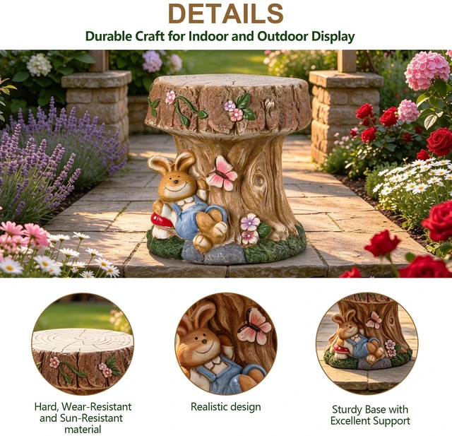 Alt view image 7 of 7 - 16.93 Inch Sculptures Garden Statues, Rabbit Tree Stump Stool Garden Statue Magnesium Oxide Composite Outdoor Stool