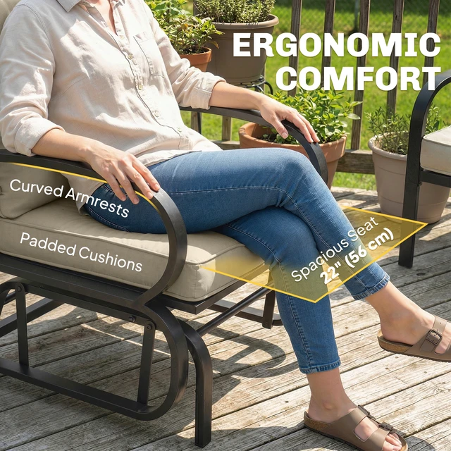 Alt view image 4 of 7 - Outdoor Glider Chair, Patio Glider with Cushions Steel Frame Curved Armrests Single Rocking Chair for Yard Garden