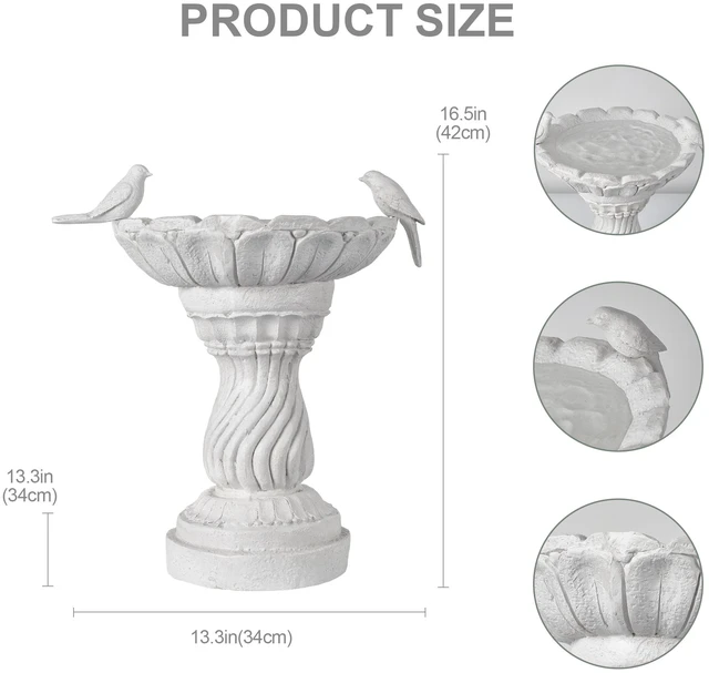 Alt view image 6 of 7 - 16.5 Inch Garden Bird Bath Statue, Magnesium Oxide Pedestal Birdbath Outdoor Bird Water Bowl with Sculpture Yard Lawn