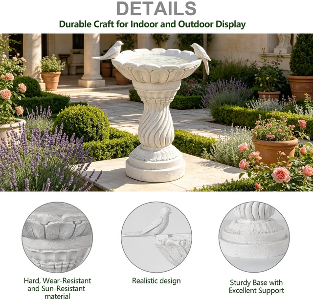 Alt view image 7 of 7 - 16.5 Inch Garden Bird Bath Statue, Magnesium Oxide Pedestal Birdbath Outdoor Bird Water Bowl with Sculpture Yard Lawn