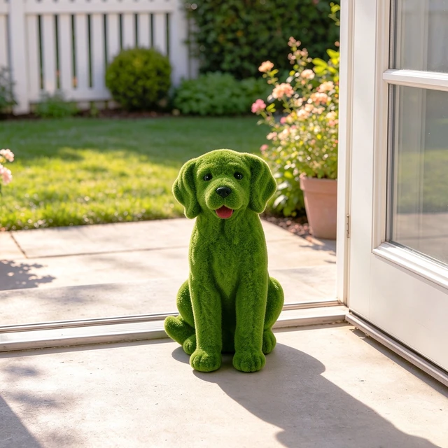 Alt view image 3 of 7 - 13.7 Inch Garden Statue, Flocked Dog Figurine Resin Grass Effect Puppy Sculpture Yard Lawn Patio Landscape Ornament
