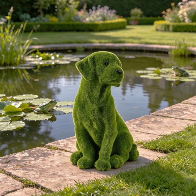 Alt view image 2 of 7 - 13.4 Inch Garden Statue, Flocked Dog Figurine Resin Grass Effect Puppy Sculpture Yard Lawn Patio Flower Bed Landscape
