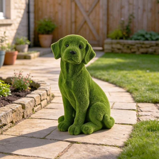 Alt view image 5 of 7 - 13.4 Inch Garden Statue, Flocked Dog Figurine Resin Grass Effect Puppy Sculpture Yard Lawn Patio Flower Bed Landscape