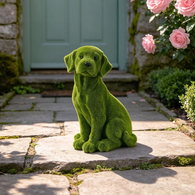 Alt view image 3 of 7 - 13.4 Inch Garden Statue, Flocked Dog Figurine Resin Grass Effect Puppy Sculpture Yard Lawn Patio Flower Bed Landscape