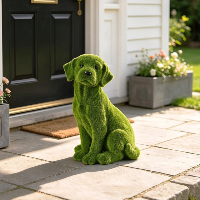 Alt view image 4 of 7 - 13.4 Inch Garden Statue, Flocked Dog Figurine Resin Grass Effect Puppy Sculpture Yard Lawn Patio Flower Bed Landscape