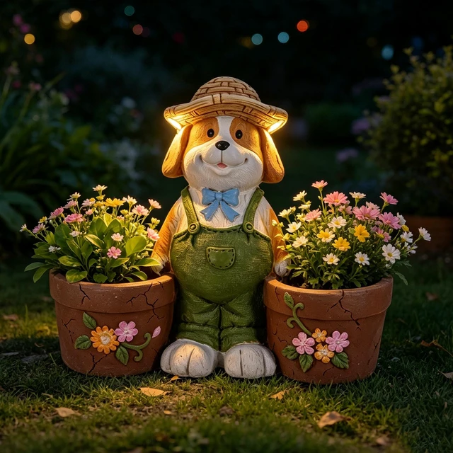 Main image of Magnesium Oxide Dog Statue Planter with Solar LED Lights in Ears, Dual Flower Pots Garden Decor for Patio and Doorway