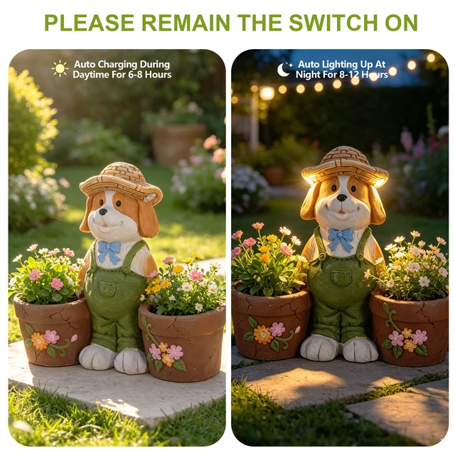 Alt view image 2 of 7 - Magnesium Oxide Dog Statue Planter with Solar LED Lights in Ears, Dual Flower Pots Garden Decor for Patio and Doorway