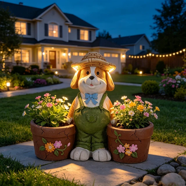 Alt view image 4 of 7 - Magnesium Oxide Dog Statue Planter with Solar LED Lights in Ears, Dual Flower Pots Garden Decor for Patio and Doorway