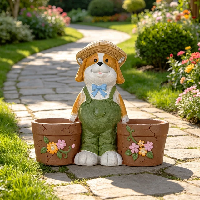 Alt view image 6 of 7 - Magnesium Oxide Dog Statue Planter with Solar LED Lights in Ears, Dual Flower Pots Garden Decor for Patio and Doorway