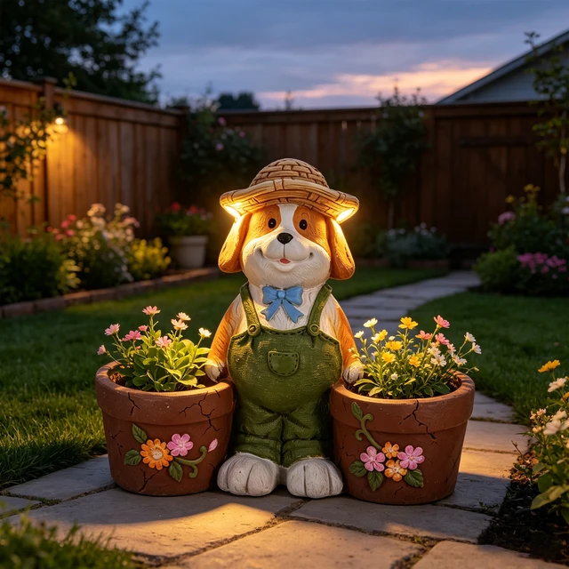 Alt view image 5 of 7 - Magnesium Oxide Dog Statue Planter with Solar LED Lights in Ears, Dual Flower Pots Garden Decor for Patio and Doorway