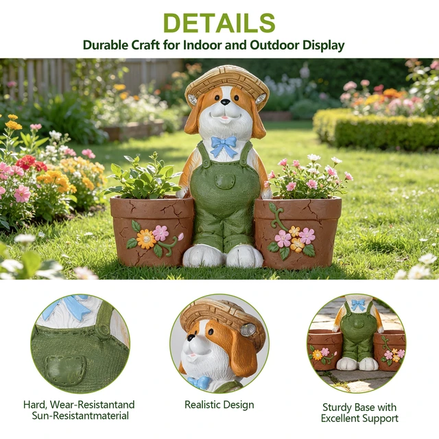 Alt view image 7 of 7 - Magnesium Oxide Dog Statue Planter with Solar LED Lights in Ears, Dual Flower Pots Garden Decor for Patio and Doorway