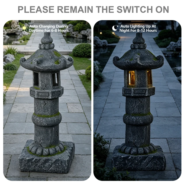Alt view image 2 of 7 - Magnesium Oxide Solar Pagoda Garden Statue with LED, Oriental Tower Lantern Outdoor Yard Patio Decor Ornament Gift
