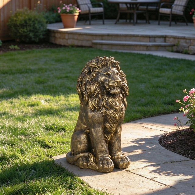 Alt view image 3 of 7 - 24.61 Inch Outdoor Lion Statue, Magnesium Oxide Composite Animal Sculpture Statue Decor for Front Door Yard Patio