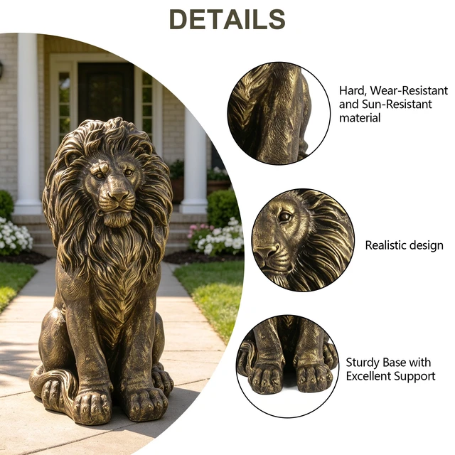 Alt view image 7 of 7 - 24.61 Inch Outdoor Lion Statue, Magnesium Oxide Composite Animal Sculpture Statue Decor for Front Door Yard Patio