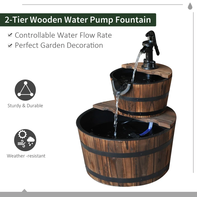Alt view image 3 of 7 - Freestanding Fountain with 2 Tier Waterfall Barrel, Electric Pump for Garden Decor Lawn, Carbon, Plastic, Water
