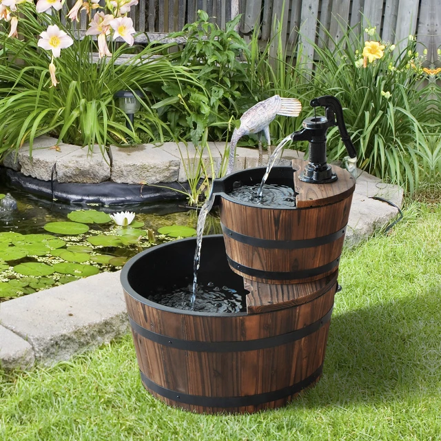 Alt view image 6 of 7 - Freestanding Fountain with 2 Tier Waterfall Barrel, Electric Pump for Garden Decor Lawn, Carbon, Plastic, Water