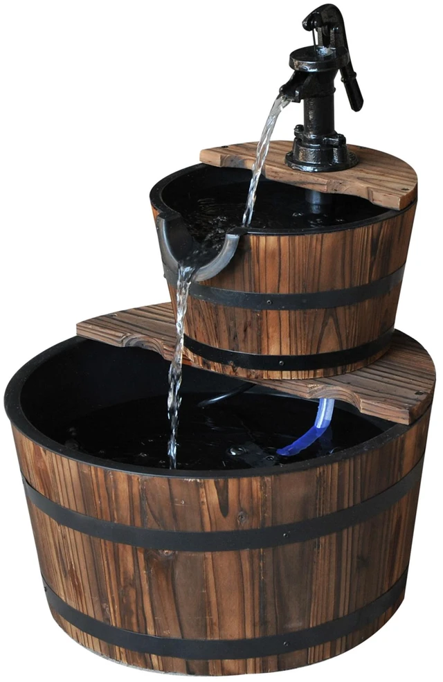 Main image of Freestanding Fountain with 2 Tier Waterfall Barrel, Electric Pump for Garden Decor Lawn, Carbon, Plastic, Water