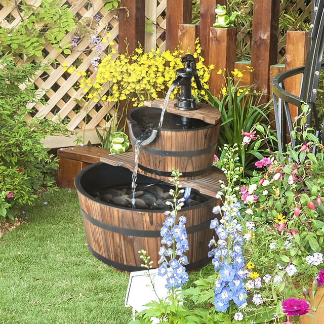 Alt view image 7 of 7 - Freestanding Fountain with 2 Tier Waterfall Barrel, Electric Pump for Garden Decor Lawn, Carbon, Plastic, Water