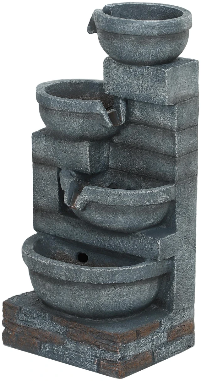 Main image of 30 Inch Tall Outdoor Waterfall Fountain with LED Lights, 4 Tier Resin Cascading Water Bowls with Pump, Gray, Resin