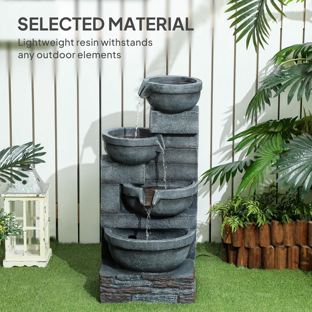 Alt view image 2 of 7 - 30 Inch Tall Outdoor Waterfall Fountain with LED Lights, 4 Tier Resin Cascading Water Bowls with Pump, Gray, Resin
