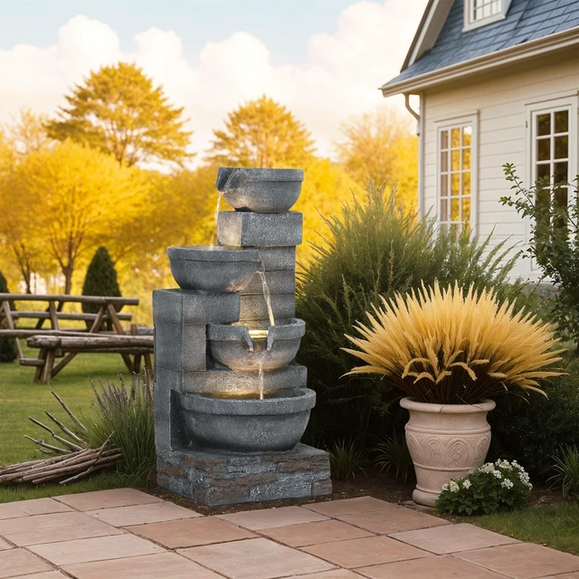 Alt view image 4 of 7 - 30 Inch Tall Outdoor Waterfall Fountain with LED Lights, 4 Tier Resin Cascading Water Bowls with Pump, Gray, Resin