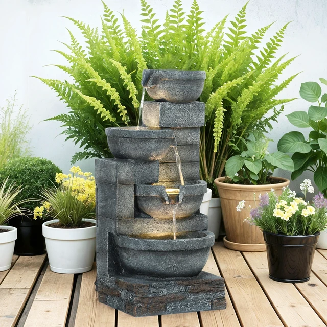 Alt view image 5 of 7 - 30 Inch Tall Outdoor Waterfall Fountain with LED Lights, 4 Tier Resin Cascading Water Bowls with Pump, Gray, Resin