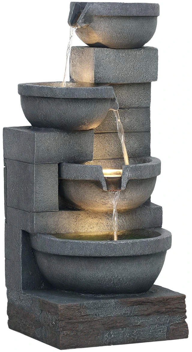 Alt view image 3 of 7 - 30 Inch Tall Outdoor Waterfall Fountain with LED Lights, 4 Tier Resin Cascading Water Bowls with Pump, Gray, Resin