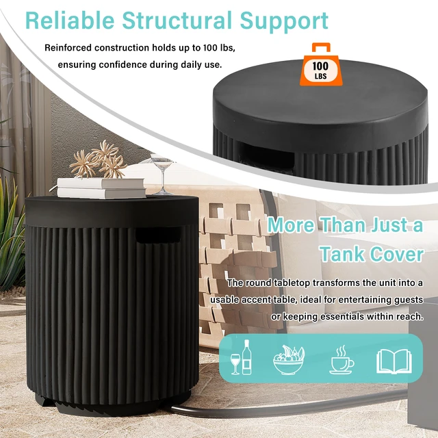 Alt view image 5 of 7 - Outdoor Round Propane Tank Cover Table with Vertical Fluted Design, Cylinder Propane Tank Hideaway for 20 lb Gas 16.93