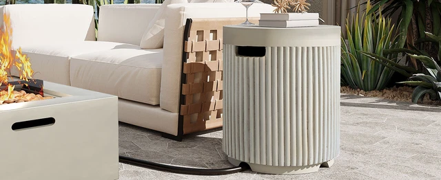 Alt view image 3 of 7 - Outdoor Round Propane Tank Cover Table with Vertical Fluted Design, Cylinder Propane Tank Hideaway for 20 lb Gas 16.93