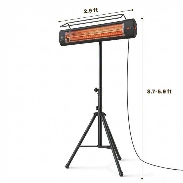Alt view image 7 of 7 - Standing Electric Patio Heater, Outdoor Infrared Heater with Tripod Stand Heat Levels Hour Timer for Garden Patio Use