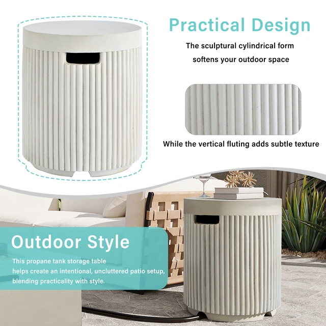 Alt view image 5 of 7 - Outdoor Round Propane Tank Cover Table with Vertical Fluted Design, Cylinder Propane Tank Hideaway for 20 lb Gas 16.93