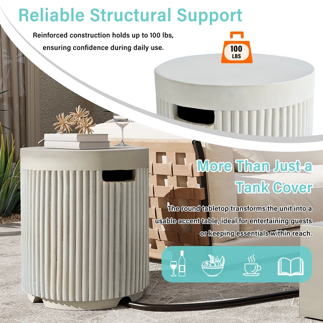 Alt view image 6 of 7 - Outdoor Round Propane Tank Cover Table with Vertical Fluted Design, Cylinder Propane Tank Hideaway for 20 lb Gas 16.93