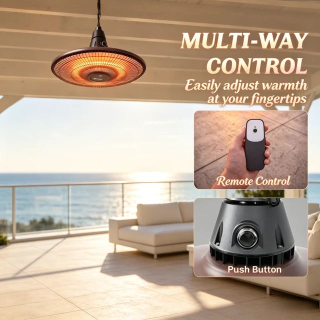 Alt view image 4 of 7 - Hanging Electric Patio Heater, Waterproof Infrared Outdoor Heater with Carbon Fiber Heating Tube and Remote Control